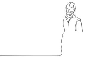 Animated drawing of continuous line draw architect meeting at construction site to talk blueprint design to team member. Building architecture concept. Single line animation. High quality 4k footage video