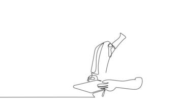 Animated drawing of continuous line draw architect meeting at construction site to talk blueprint design to team member. Building architecture concept. Single line animation. High quality 4k footage video