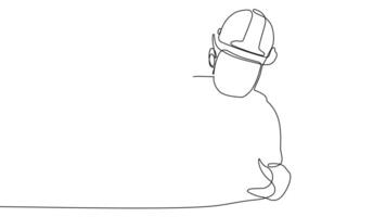 Animated drawing of continuous line draw architect meeting at construction site to talk blueprint design to team member. Building architecture concept. Single line animation. High quality 4k footage video