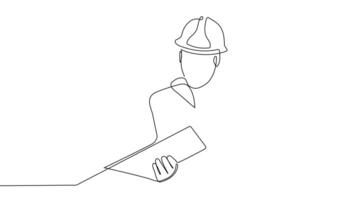 Animated drawing of continuous line draw architect meeting at construction site to talk blueprint design to team member. Building architecture concept. Single line animation. High quality 4k footage video