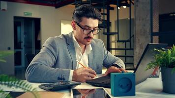 Focused professional analyzes financial report in modern office setting during afternoon work hours video
