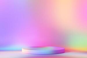 Playful, rainbow podium. Ideal for highlighting products, toys. Empty scene. Stage or display for promotions. Colorful background. Color gradient. 3D render. photo