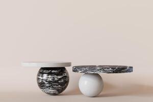 Two minimalist podiums with spheres as base. Ideal for highlighting premium goods in graceful and sophisticated manner. Empty scene. Stage, display, showcase. Marble. Beige, neutral background. 3D. photo