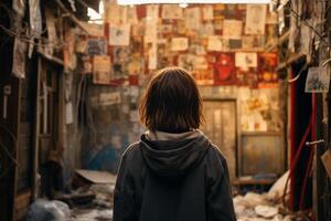 The girl o stands facing a brick wall covered with faded posters and looks at the stage. The land is littered with trash and debris. photo