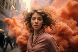 A woman stands confidently in front of billowing orange smoke, creating a striking visual contrast. photo
