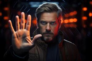 A man with a beard holds up his hand, palm forward, with a serious expression on his face photo