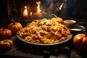 A plate of pasta topped with meat and sauce, placed next to pumpkins in a rustic setting. photo