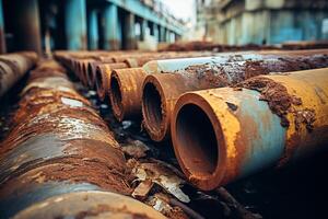 A close-up view of rusty metal pipes running alongside a small urban canal. The pipes are weathered and covered in rust, suggesting age and disuse. photo