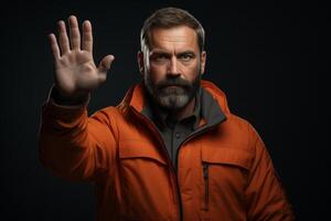 A man with a beard holds up his hand, palm forward, with a serious expression on his face photo