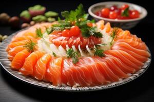 A plate filled with salmon, vegetables, and other foods, placed on a wooden table. photo