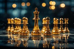 A golden chess set glistens on a shiny surface, showcasing intricate details and elegant design. photo