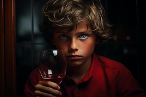 Boy holding glass of wine photo