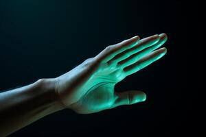 A persons hand holding a brightly glowing object in the dark, illuminating the surroundings with a mysterious light. photo