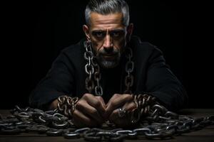 A man sits with his hands restrained by chains on a table in a stark setting. photo