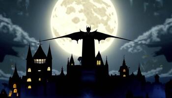 Vampire Transforms into Bat at Midnight, Soaring Over Graveyards and Ruins Under Moonlight. Eerie Halloween Night with Supernatural Patterns. video