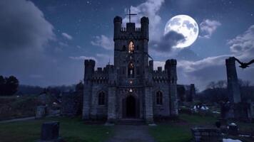 Vampire Emerges from Castle at Midnight, Transforming into Bat Under Moonlit Sky Over Eerie Graveyards and Shadowy Villages Supernatural Gothic Scene video