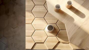 Sunlit hexagonal wooden tiles and cylindrical cups on a matching wooden surface, creating a warm and modern aesthetic. photo