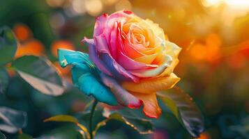 A vibrant multicolored rose blooms in a sunlit garden showcasing a rainbow array of petals with a warm, glowing bokeh background. photo