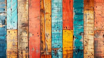 Vibrant wooden planks in various colors creating a rustic background. Perfect for design and artistic projects. photo