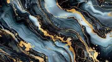 An elegant abstract design featuring swirling patterns in blue, black, and gold, perfect for backgrounds and art projects. photo
