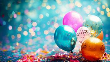 Bright and colorful balloons with confetti, perfect for celebrations and festive occasions, adding joy and fun to any event. photo