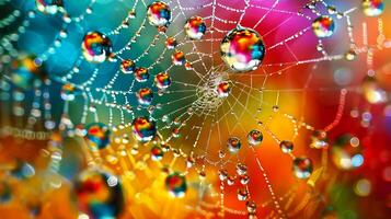 Close-up of a spider web with dew drops against a colorful, bokeh background, showcasing nature's beauty and intricate patterns. photo