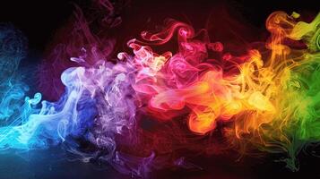 A vibrant swirl of colorful smoke dances against a black background, creating a mesmerizing visual effect full of energy. photo