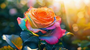 Beautiful close-up of a vibrant multicolored rose in full bloom, illuminated by warm sunlight in a garden setting. photo