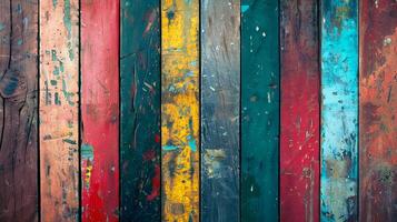 Colorful and weathered wooden planks create a vibrant and artistic background texture, perfect for design projects and visual crafts. photo