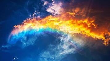 Circumhorizontal arc also known as the rainbow bridge or fire rainbow looks like the clouds emit colored light in the form of large spectral bands shining brightly in the sky photo