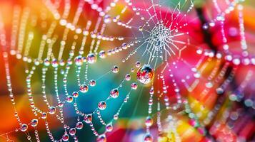 Close-up of a spider web with vibrant background colors and dew drops creating a stunning and visually captivating scene. photo