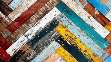 Vibrant and textured wooden planks arranged in a diagonal pattern, showcasing a mix of colors and rustic charm for creative projects. photo