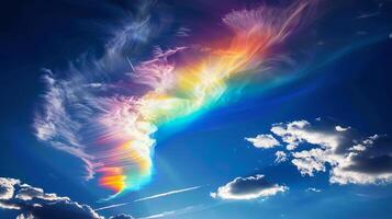 Fire rainbow looks like clouds emit colored light in the form of large spectral bands shining brightly in the sky photo