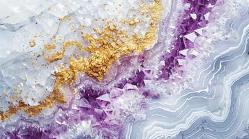 Close-up of purple and white crystal geode with gold veins, showcasing the intricate natural patterns and textures of the mineral formations. photo