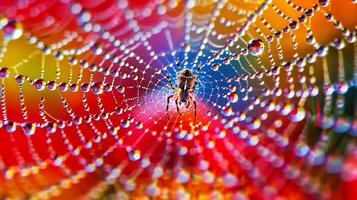 Close-up of a spider on a colorful dew-covered web, showcasing vibrant colors and intricate patterns, macro nature photography. photo