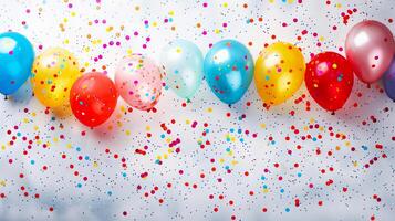 Colorful balloons and confetti are scattered on a white background, creating a festive and joyful celebration atmosphere. photo