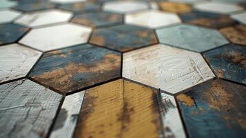 Close-up of a textured hexagonal wooden pattern featuring rustic and colorful tones, blending contemporary design with natural aesthetics. photo