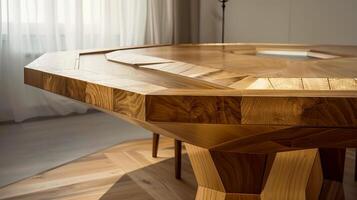 Close-up of a modern wooden table with a geometric design, bathed in warm sunlight, highlighting its intricate craftsmanship. photo