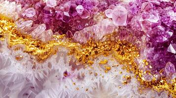 Stunning close-up of purple and gold crystals creating a beautiful, intricate pattern. Perfect for backgrounds, textures, or design concepts. photo