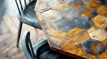 Close-up of a wooden table with a hexagonal pattern and black chairs, showcasing intricate design and craftsmanship. photo