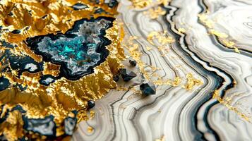 Abstract artistic representation of geode with gold accents and turquoise veins, resembling natural mineral formations and unique patterns. photo