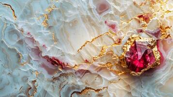 Abstract macro shot of a luxurious red gemstone embedded in textured, marble-like surface with striking gold veins. High-quality close-up photo. photo