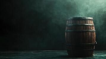 Dark background with an old wooden barrel and empty space photo