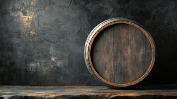 Dark background with an old wooden barrel and empty space photo