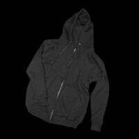 Blank flat black zipper hoodie. Hoodie sweatshirt with long sleeve flatlay mockup for design and print. Hoody front and back top view isolated on background photo