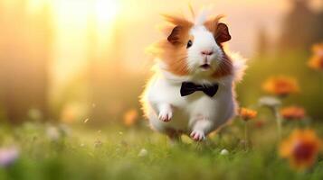 A guinea with a bow tie running through a field photo