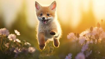A fox running through a field of flowers photo