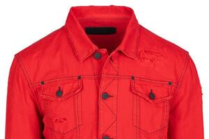 Red denim jacket with distressed details photo