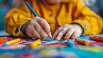 Close-up of a child's hands drawing on a paper with crayons, with a vibrant background. photo