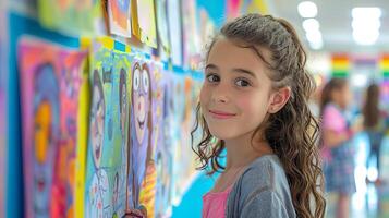 Students creating a bulletin board display with their artwork, in a colorful classroom. photo